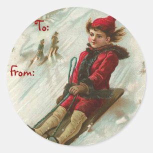 Victoriaans Sledding Kerst Naam Tags Ronde Sticker