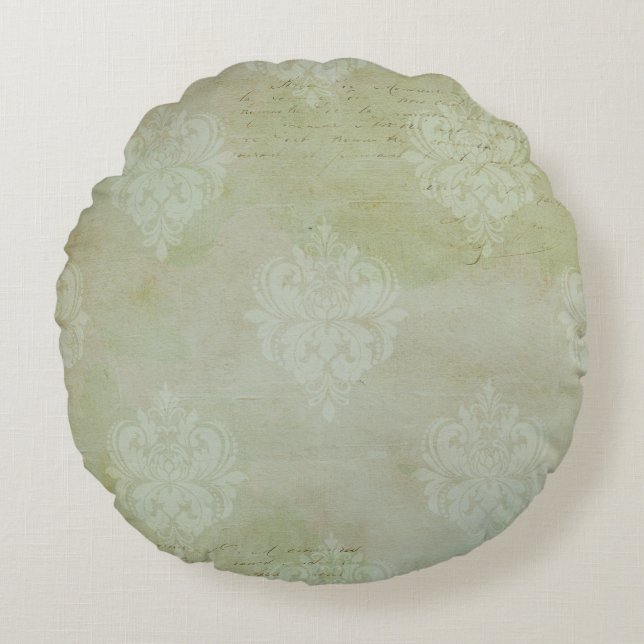  Victoriaans Smoky Green Faded Damask Rond Kussen (Voorkant)