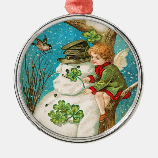 Victoriaans Snowman en Clover-kerstversiering Metalen Ornament (Voorkant)