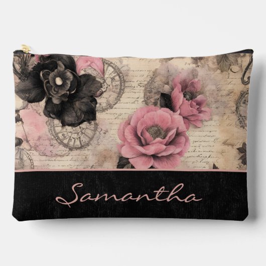 Victoriaans Steampunk Bloemen Roze en Zwart Fluwee Etui (Voorkant)