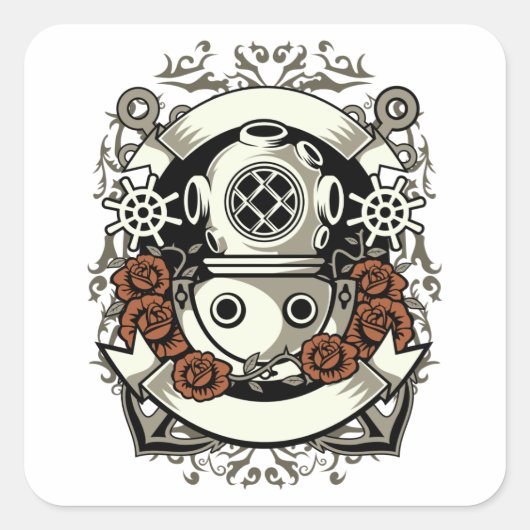 Victoriaans Steampunk diep Zee Diver Red Roses Vierkante Sticker (Voorkant)