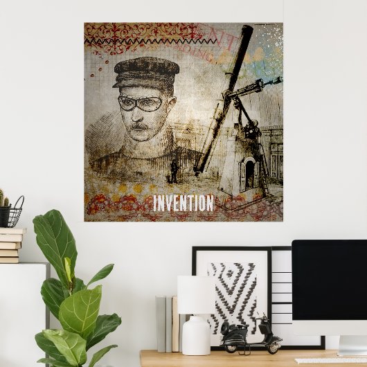 Victoriaans Steampunk Inventor Scientist Telescope Poster (Thuiskantoor)