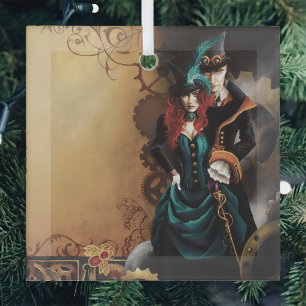 Victoriaans Steampunk Koppel Elegantie Romantiek  Glas Ornament