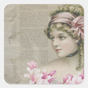 Victoriaans Steampunk Lady Pink Newspaper Vierkante Sticker