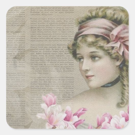 Victoriaans Steampunk Lady Pink Newspaper Vierkante Sticker (Voorkant)