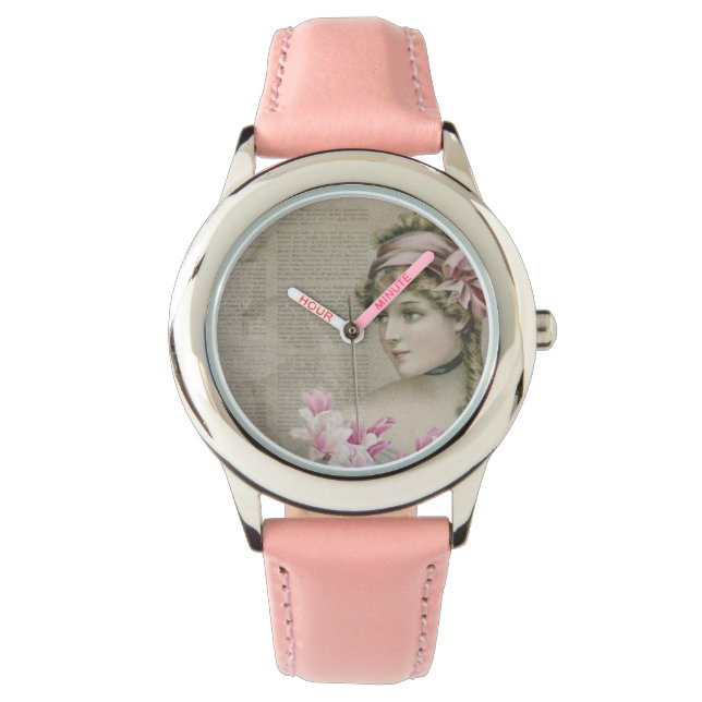 Victoriaans Steampunk Lady Roze Roestvrij staal Horloge (Voorkant)