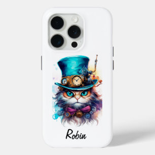Victoriaans Steampunk Levendige Kleuren Kat iPhone 15 Pro Case