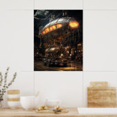 Victoriaans Steampunk Library Antiek Zeppelin Mode Poster (Keuken)