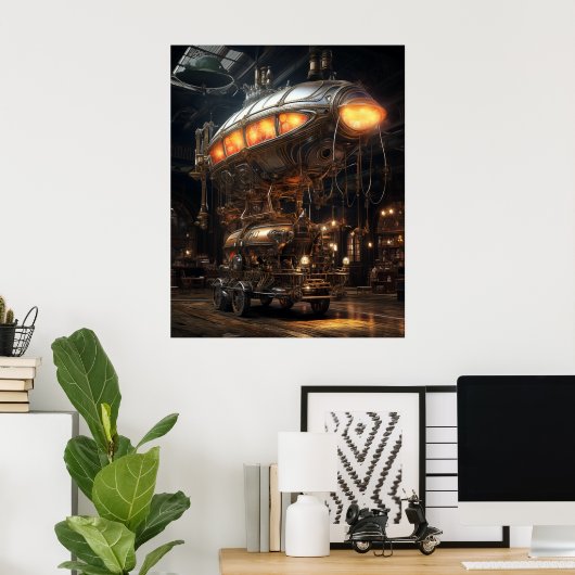 Victoriaans Steampunk Library Antiek Zeppelin Mode Poster (Thuiskantoor)