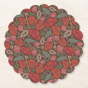 Victoriaans Steampunk Old Lock Key Red Poppies Kartonnen Onderzetters