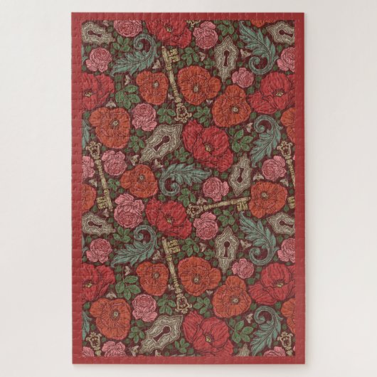 Victoriaans Steampunk Old Lock Key Red Poppies Legpuzzel (Verticaal)