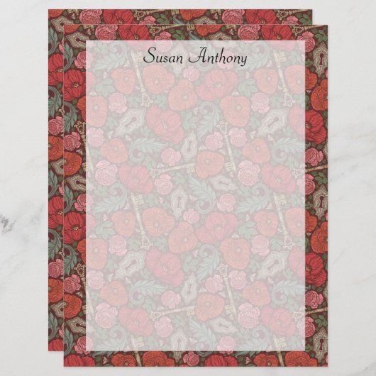 Victoriaans Steampunk Old Lock Key Red Poppies Pap (Voorkant / Achterkant)