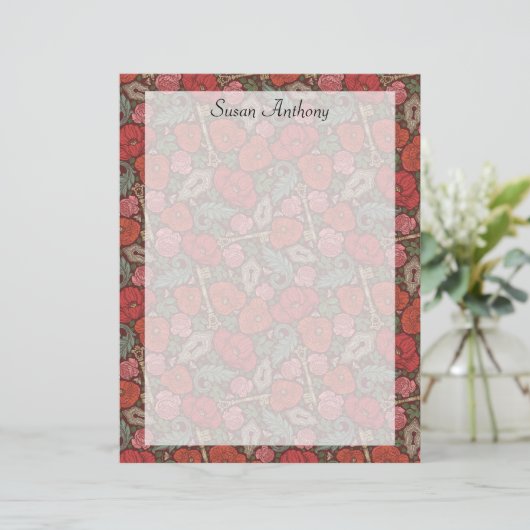 Victoriaans Steampunk Old Lock Key Red Poppies Pap (Staand voorkant)