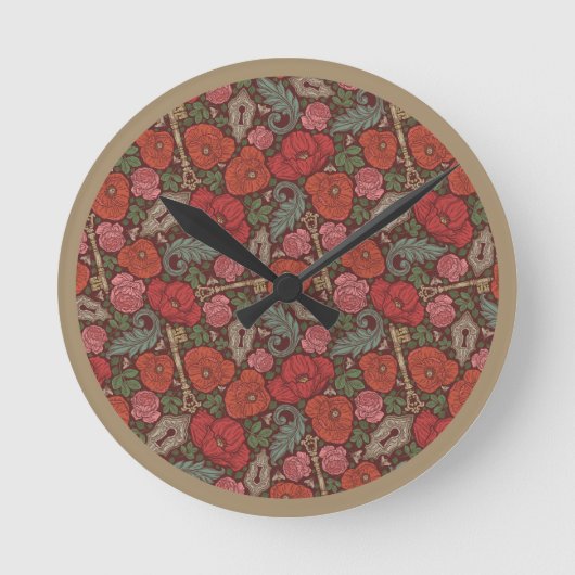 Victoriaans Steampunk Old Lock Key Red Poppies Ronde Klok (Voorkant)