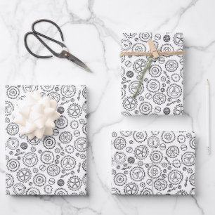 Victoriaans Steampunk White en Black Gears Tekenin Inpakpapier Vel