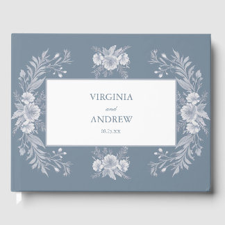 Victoriaans-stijl bruiloft in blauw met witte bloe gastenboek