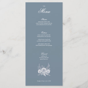 Victoriaans-stijl bruiloft in blauw met witte bloe menu