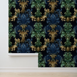 Victoriaans stijl siervormen diepblauw groen behang