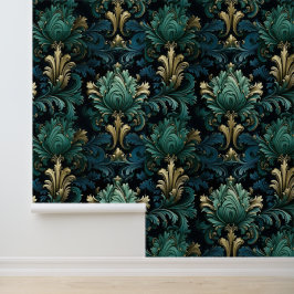 Victoriaans stijl siervormen diepblauw groen behang