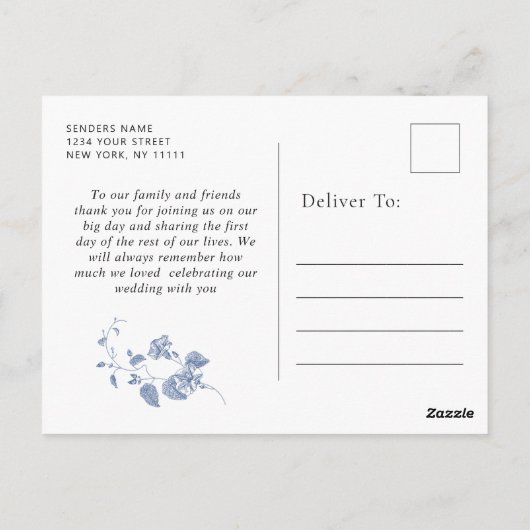 Victoriaans stoffige blauwe Franse tuin Dank u Briefkaart (Achterkant)