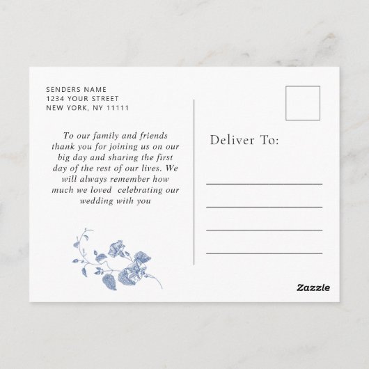 Victoriaans stoffige blauwe Franse tuin Dank u Briefkaart (Achterkant)