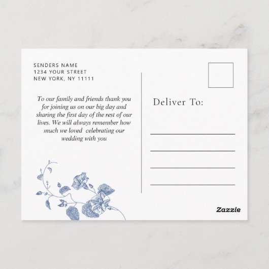 Victoriaans stoffige blauwe Franse tuin Dank u Briefkaart (Achterkant)