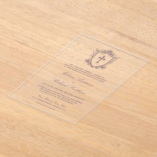 Victoriaans stoffige Paarse katholieke bruiloft Acryl Uitnodigingen (Laagn)