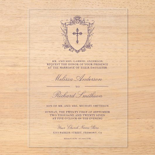 Victoriaans stoffige Paarse katholieke bruiloft Acryl Uitnodigingen (Voorkant)