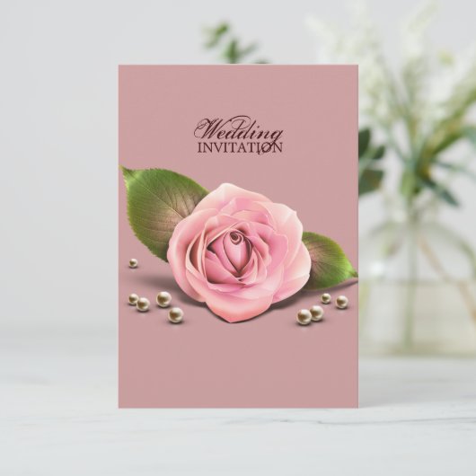 Victoriaans stoffige roos bloem, roze bruiloft kaart (Staand voorkant)