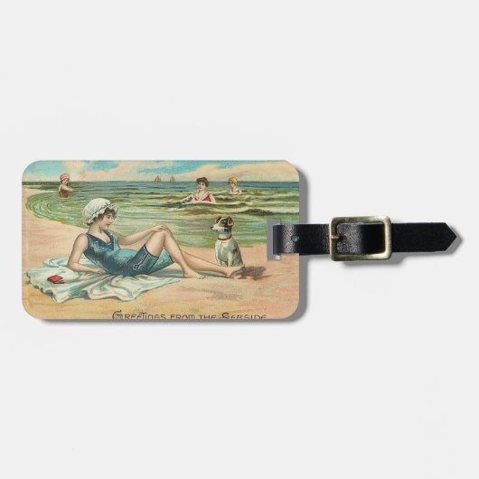 Victoriaans strand zwemmen meisje oceaan zomervaka bagagelabel (Voorkant horizontaal)
