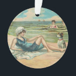 Victoriaans strand zwemmen meisje oceaan zomervaka ornament<br><div class="desc">Bij het strand - Voor een lief ouderwets kustthema,  dit Victoriaans briefkaart,  met een meisje en haar hond,  luieren aan de kust.</div>