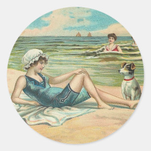 Victoriaans strand zwemmen meisje oceaan zomervaka ronde sticker