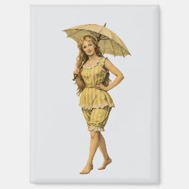 Victoriaans strandmeisje met parasol gele strepen magneet