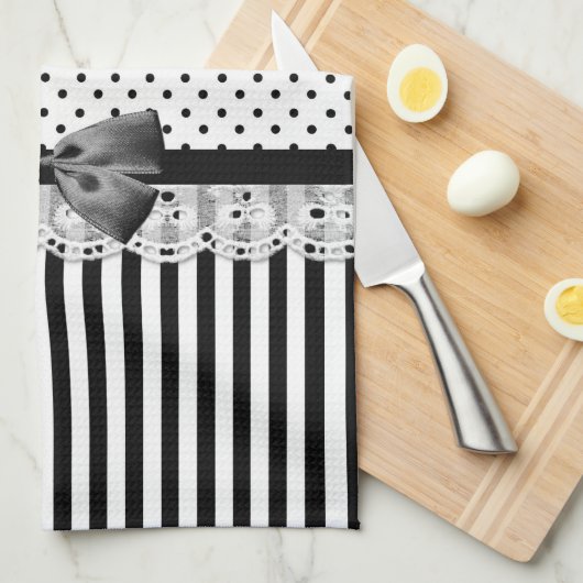 Victoriaans strepen met zwarte en witte strepen theedoek (Quarter Fold)