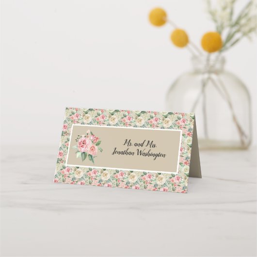 Victoriaans Tan & Roze Floral Roos Weddenschap des Plaatskaartje (Achterkant)