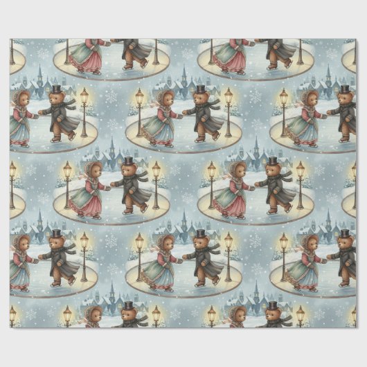 Victoriaans Teddy Bear Ice Skating Wrapping Paper Cadeaupapier (Vlak)