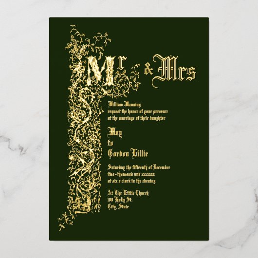 Victoriaans Tijdperk 1839 Bloemengrens Bruiloft Folie Uitnodiging (Voorkant)