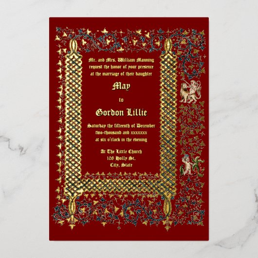 Victoriaans tijdperk 1843 middeleeuwse stijl bruil folie uitnodiging (Voorkant)