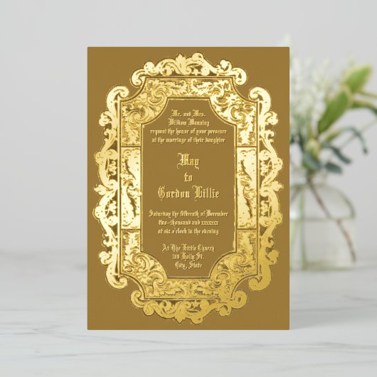 Victoriaans Tijdperk 1850 Scroll Border Bruiloft Folie Uitnodiging (Staand Voorkant)