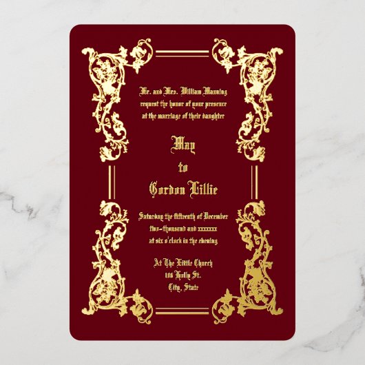 Victoriaans tijdperk 1851 Elegante bloemrand bruil Folie Uitnodiging (Voorkant)