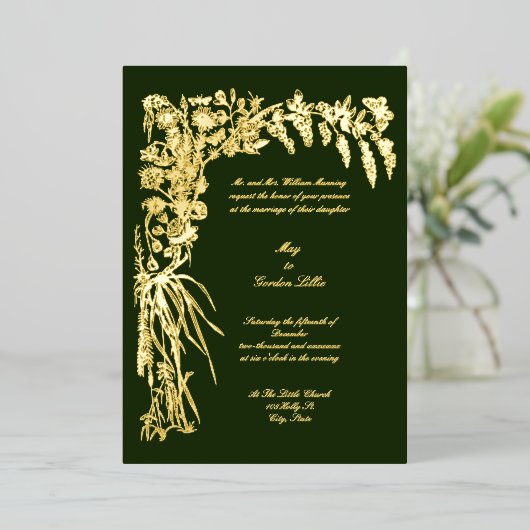 Victoriaans Tijdperk 1874 Botanische Bloemen Borde Folie Uitnodiging (Staand Voorkant)