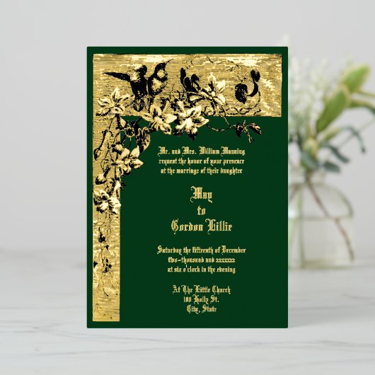 Victoriaans Tijdperk 1874 Hummingbird Pair Bloemen Folie Uitnodiging (Staand Voorkant)