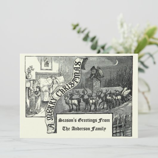 Victoriaans Tijdperk 1887 Santa & Rendier Kerstmis Feestdagenkaart (Staand voorkant)