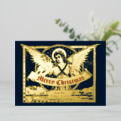 Victoriaans tijdperk 1898 Kerstengel met banner Folie Feestdagenkaart (Staand Voorkant)