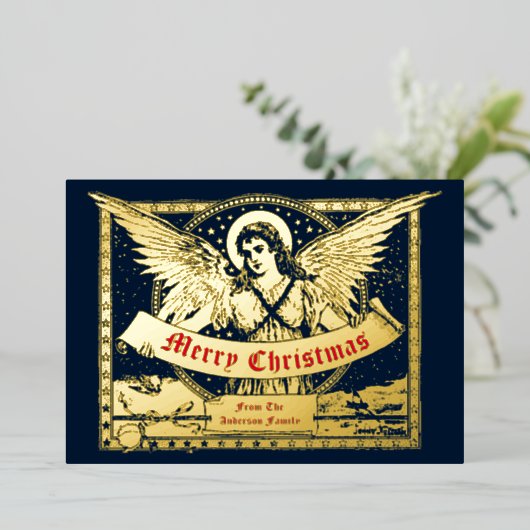 Victoriaans tijdperk 1898 Kerstengel met banner Folie Feestdagenkaart (Staand Voorkant)