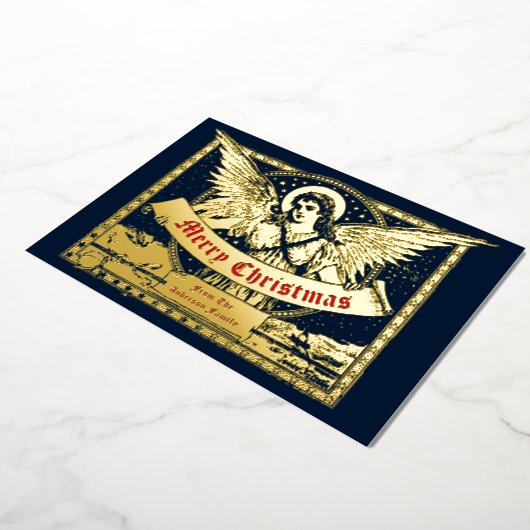 Victoriaans tijdperk 1898 Kerstengel met banner Folie Feestdagenkaart (Gedraaid)