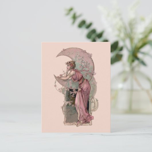 Victoriaans tijdperk Art Nouveau Vrouw & Halve Maa Briefkaart (Staand voorkant)