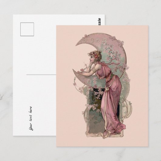 Victoriaans tijdperk Art Nouveau Vrouw & Halve Maa Briefkaart (Voorkant / Achterkant)