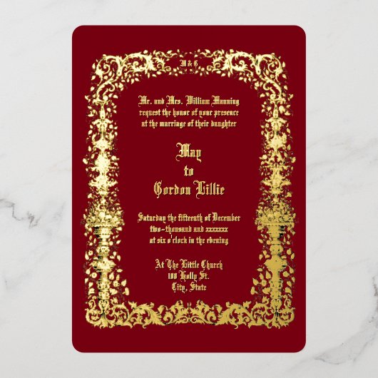 Victoriaans Tijdperk Bloemenurnen Border Wedding Folie Uitnodiging (Voorkant)