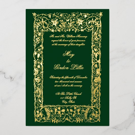 Victoriaans Tijdperk  Botanische Grens Bruiloft Folie Uitnodiging (Voorkant)